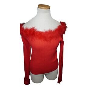 Paprika Red Feather Trim Off-Shoulder Sweater Top – Size L (Y2K Bardot)